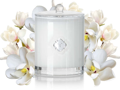 TEMPLE MAGNOLIA & MYRRH CANDLE has an exotic sensual scent inspired by the graceful magnolia flower.  Deep and rich, with heart notes of Oriental myrrh, musk and amber delicately wrapped in the sweet floral scents of magnolia, jasmine & heliotrope with base notes of layered vanilla tonka bean & vetiver. 